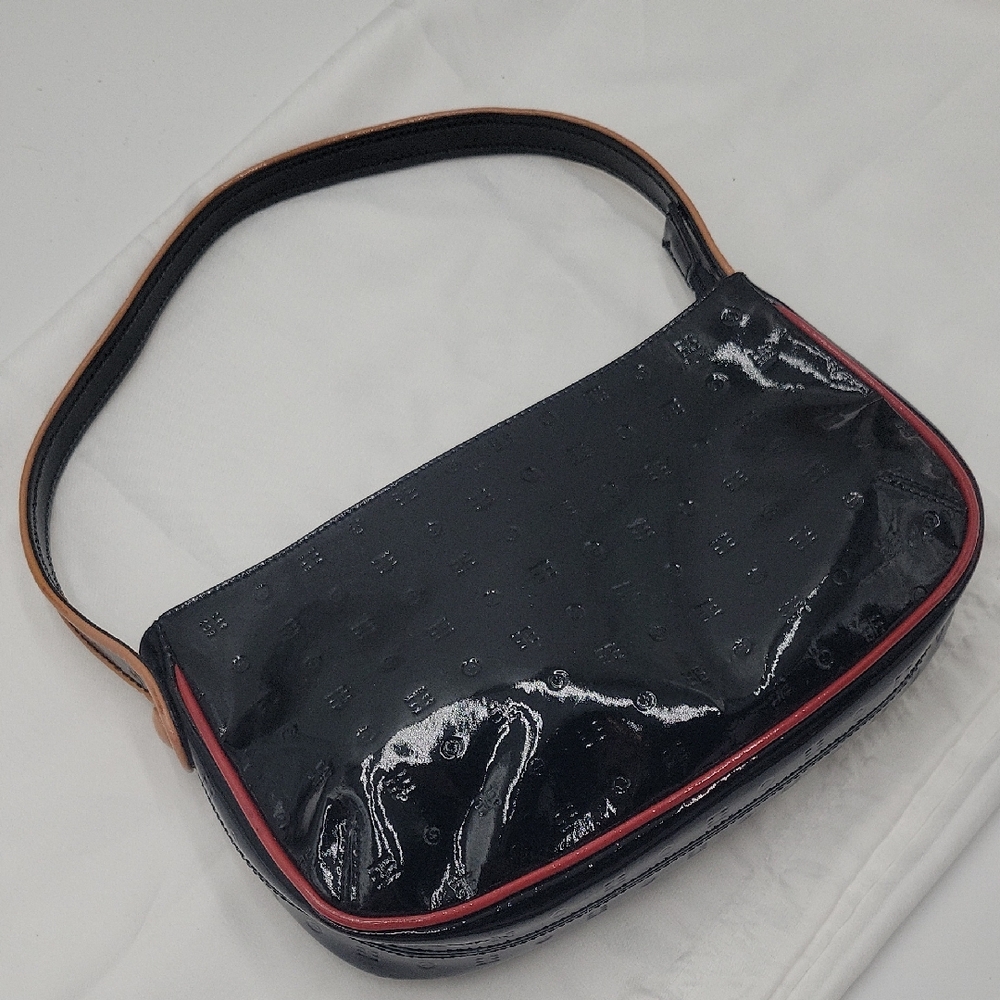 Arcadia Black Patent Shoulder Bag with Red Piping